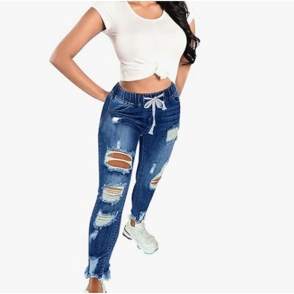 KUNMI Women’s High Waist Skinny Stretch Ripped Jeans Destroyed Denim Pants. - Picture 1 of 4